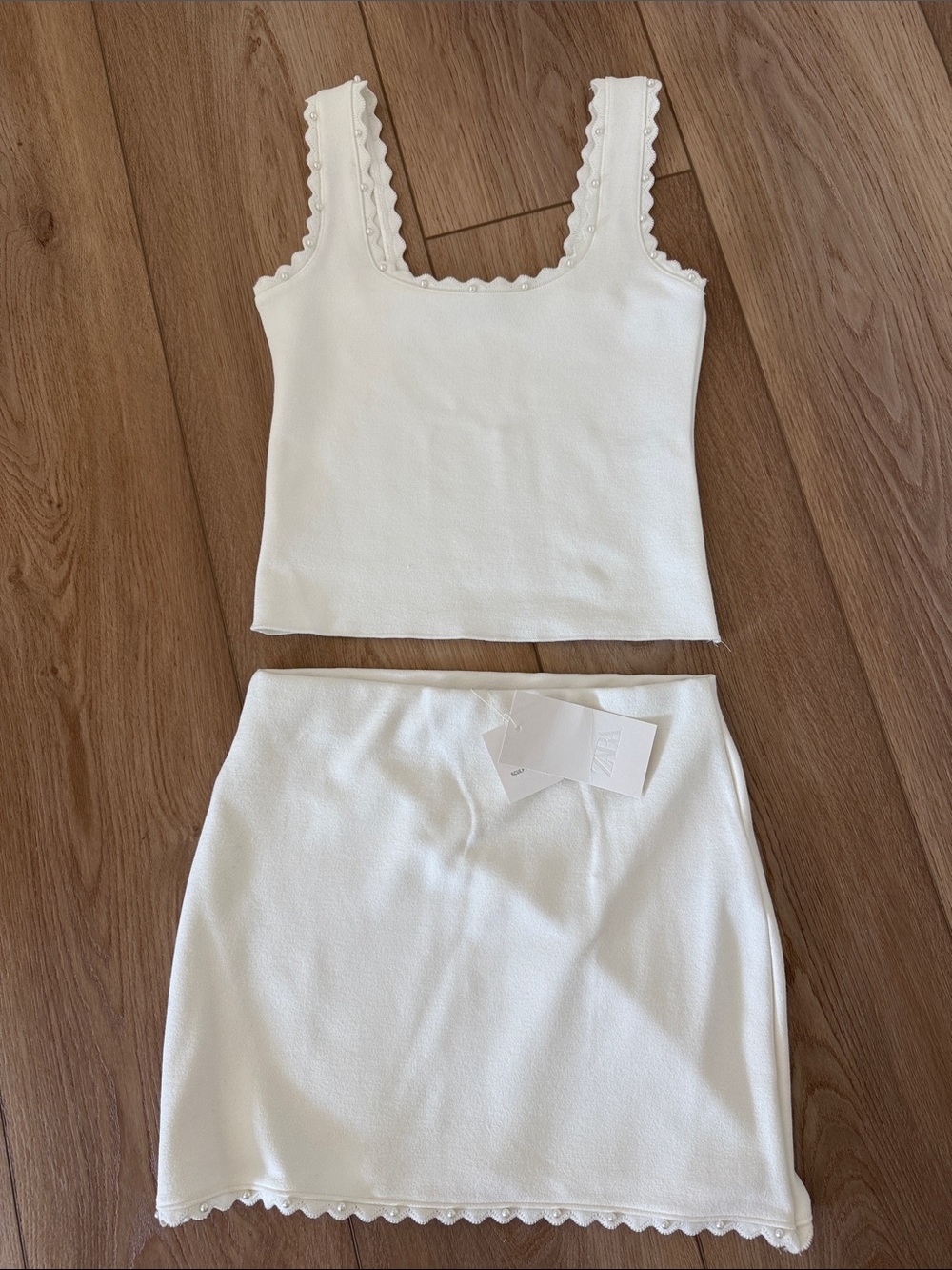 Zara White Scalloped Pearl Tank and Mini Skirt Set